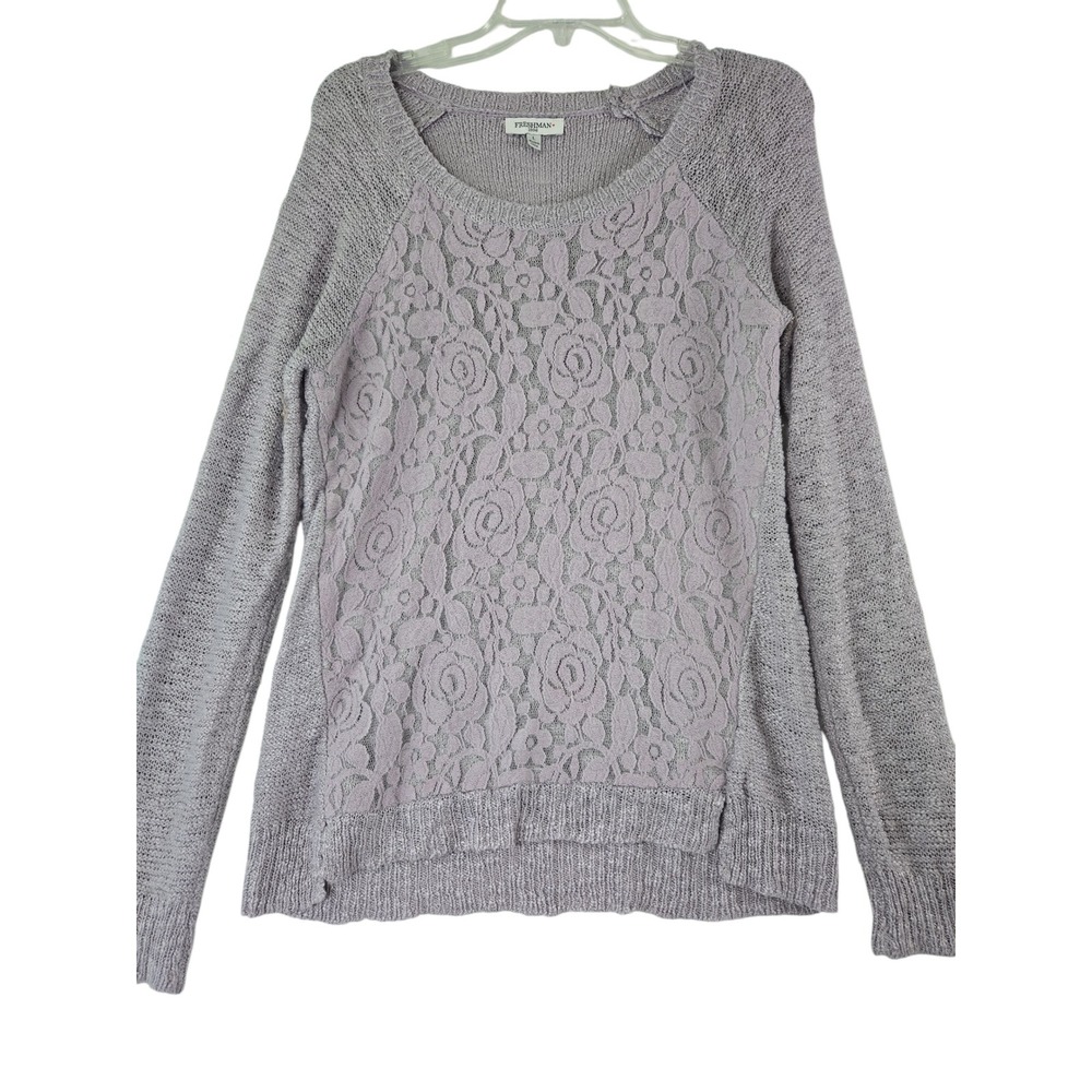 Freshman Womens L Lilac Lace Floral Knit Sweater Coquette Romantic Pullover